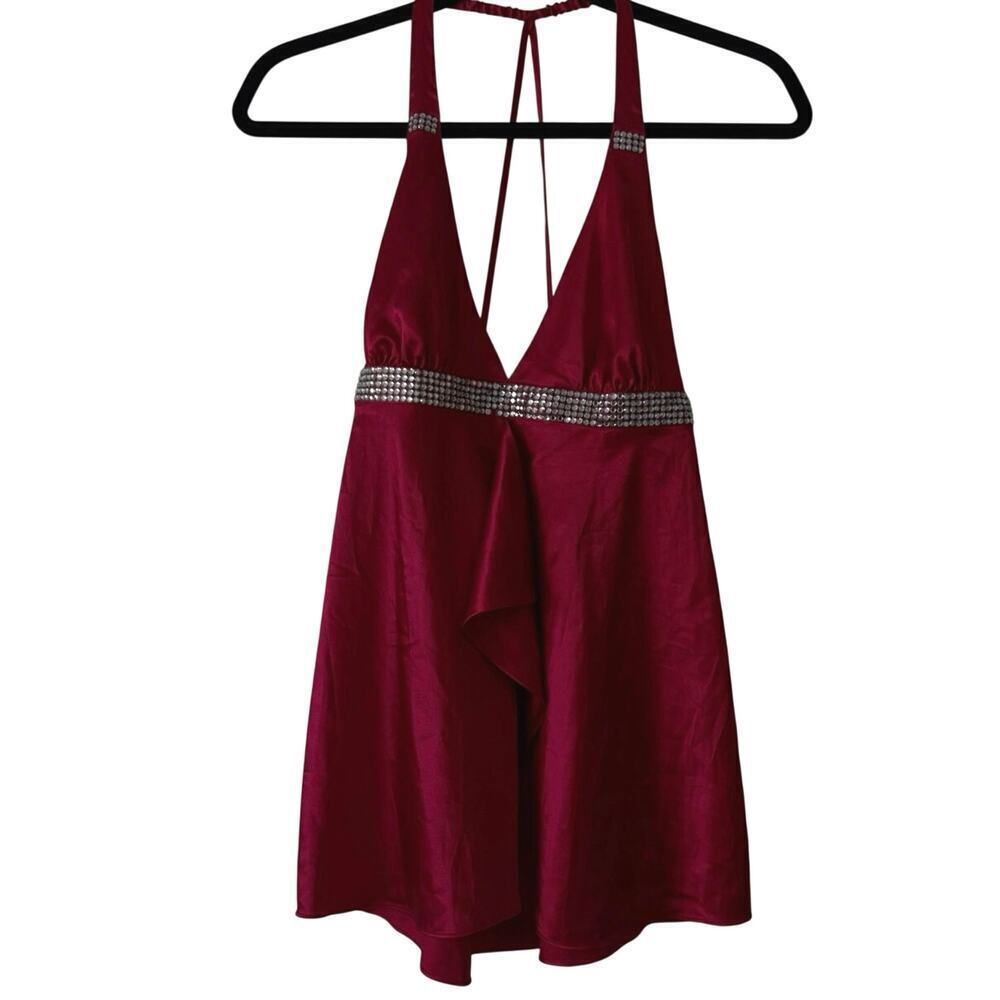 Babydoll Top Red Satin Rhinestone Halter Victoria Secret Sm ( 1 stone missing)